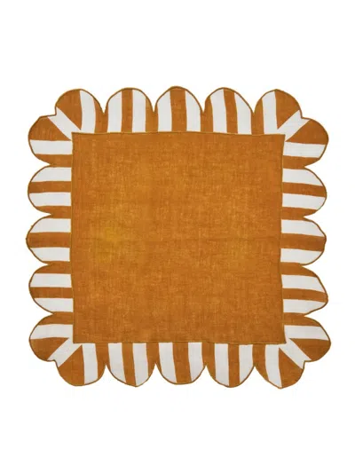 Misette Jardin Embroidered 4-piece Linen Scalloped Stripe Napkin Set In Amber