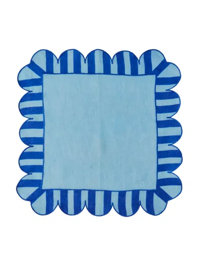 Misette Jardin Embroidered 4-piece Linen Scalloped Stripe Napkin Set In Blue