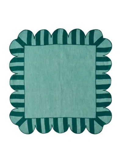 Misette Jardin Embroidered 4-piece Linen Scalloped Stripe Napkin Set In Green