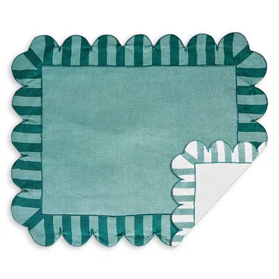 MISETTE JARDIN EMBROIDERED LINEN SCALLOPED STRIPE DOUBLE-SIDED PLACEMATS, SET OF 4