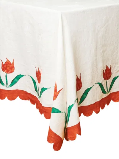Misette Jardin Linen Embroidered Long Tablecloth In Tulips