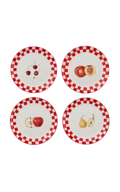 Misette Set-of-four Still Life Hand-painted Dinner Plates In Red