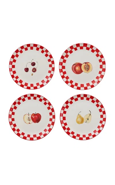 Misette Set-of-four Still Life Hand-painted Salad Plates In Red