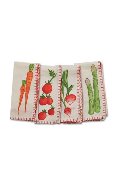 Misette Still Life Set-of-four  Embroidered Linen Napkins In Red