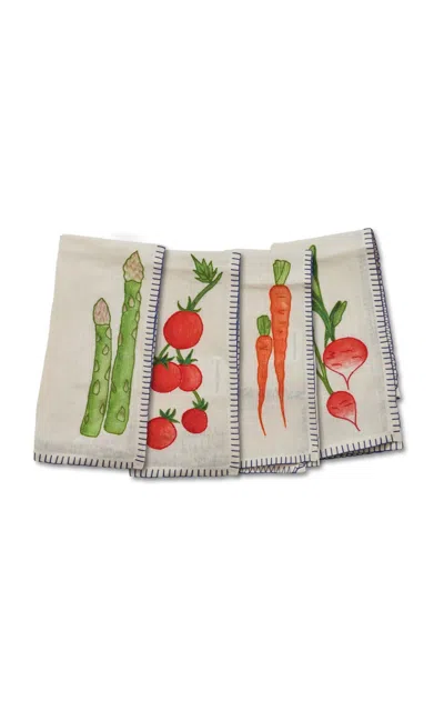 Misette Still Life Set-of-four  Embroidered Linen Napkins In Blue