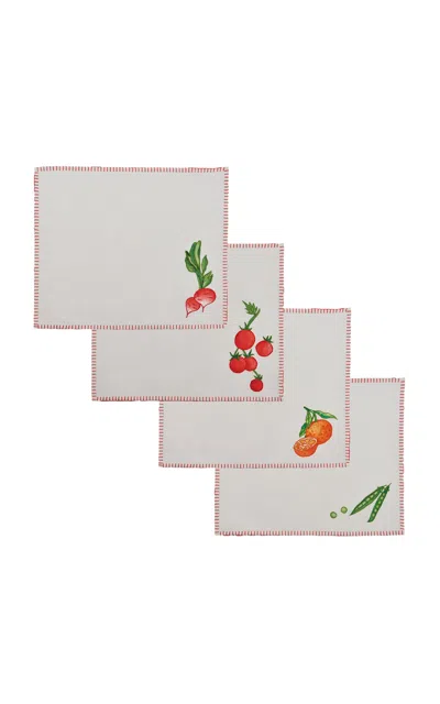Misette Still Life Set-of-four Embroidered Linen Rectangular Placemats In Red