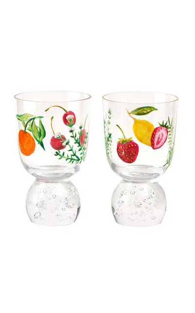 Misette Still Life Set-of-two Hand-painted Bubble Glass Tumblers In Clear