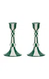 Misette Still Life Set-of-two Hand-painted Ceramic Candleholder In Green