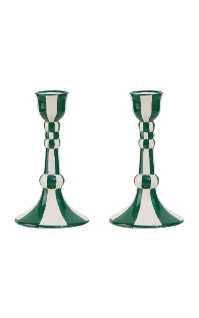Misette Still Life Set-of-two Hand-painted Ceramic Candleholder In Green