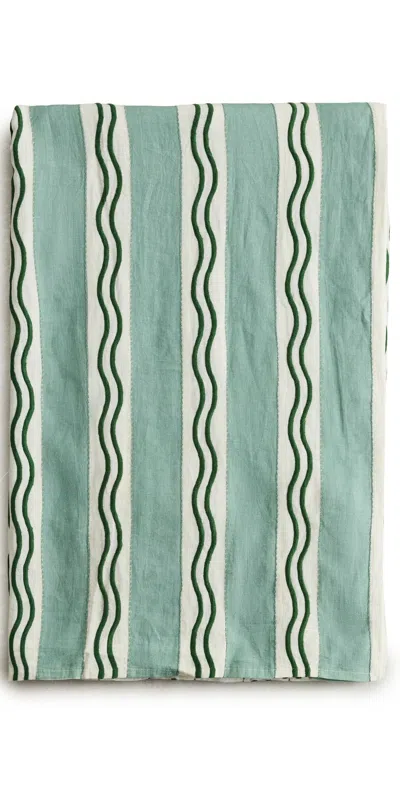 Misette Stripe Embroidered Linen Tablecloth Green