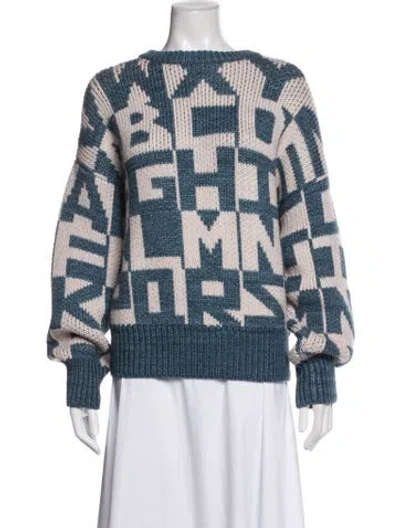 Pre-owned Misha And Puff Merino Wool Graphic Print Sweater W/ Tags In Blue/white