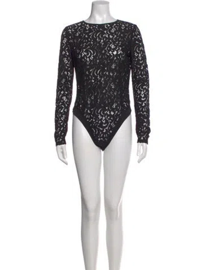 Pre-owned Misha Collection Lace Pattern Crew Neck Bodysuit In Black
