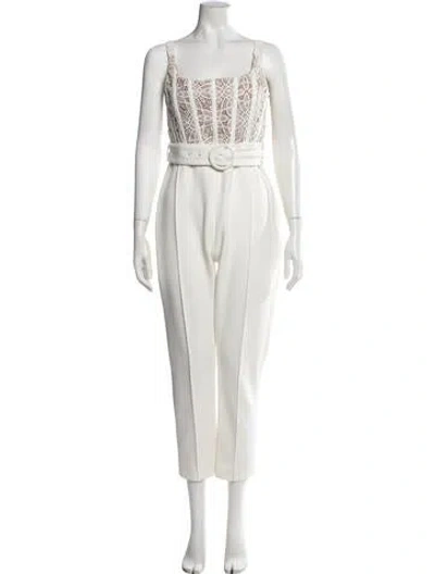 Pre-owned Misha Collection Lace Pattern Square Neckline Jumpsuit In White