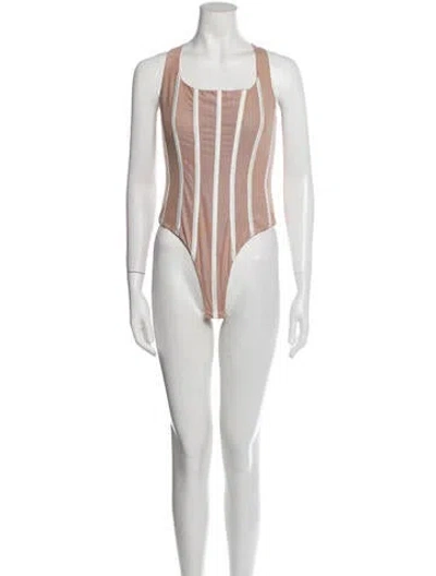 Pre-owned Misha Collection Striped Square Neckline Bodysuit In Neutral