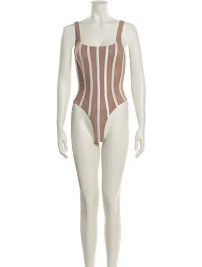 Pre-owned Misha Collection Striped Square Neckline Bodysuit In Neutral