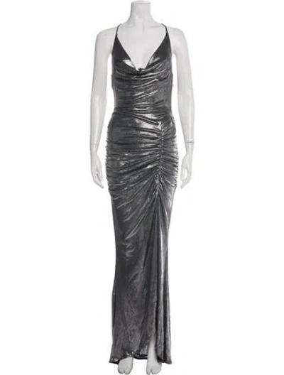 Pre-owned Misha Cowl Neck Long Dress In Silver