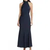 Misha Evianna Halter Neck Satin Trumpet Gown In Navy In Blue