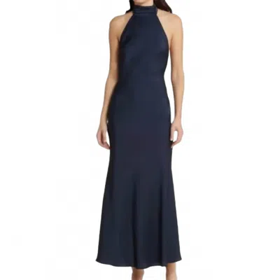 Misha Evianna Halter Neck Satin Trumpet Gown In Navy In Blue