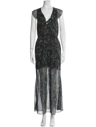 Pre-owned Misha Floral Print Long Dress In Green