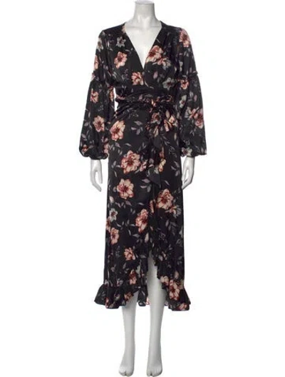 Pre-owned Misha Floral Print Midi Length Dress In Black