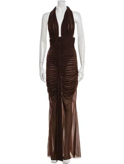 Pre-owned Misha Halterneck Long Dress In Brown