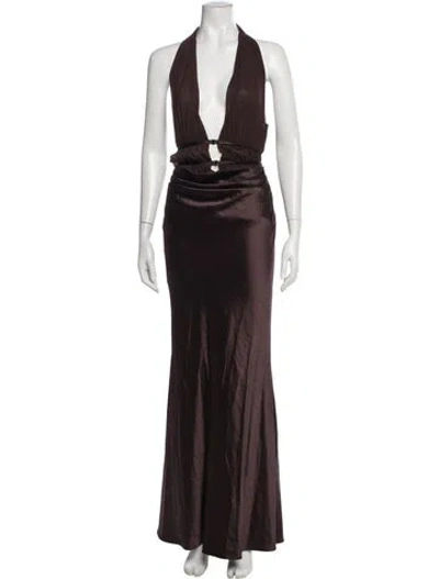 Pre-owned Misha Halterneck Long Dress In Brown