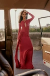 Misha Irina Long-sleeve Keyhole Mesh Maxi Dress In Red