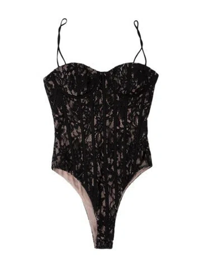 Pre-owned Misha Lace Pattern Square Neckline Bodysuit W/ Tags In Black