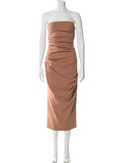 Pre-owned Misha Strapless Midi Length Dress In Brown