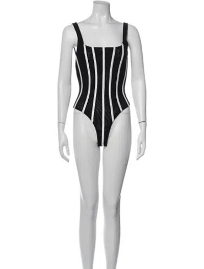 Pre-owned Misha Striped Square Neckline Bodysuit W/ Tags In Black