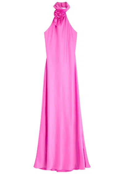 Misha Terersa Floral-appliquéd Satin Maxi Dress In Pink