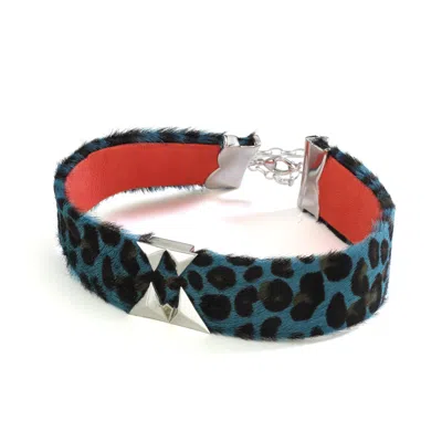 Mishka Women's Untamed Choker Necklace Blue Leopard With Silver Clasp In Multi