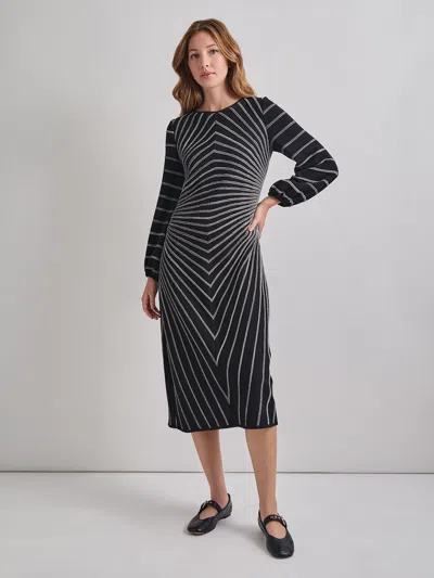 Misook A-line Melange Striped Soft Knit Midi Dress In Black/new Ivory