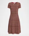Misook A-line Plaid Multi-stitch Knit Midi Dress In Brown