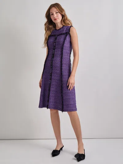 Misook A-line Princess Seam Fringe Trim Knit Dress In Plum Royale/black