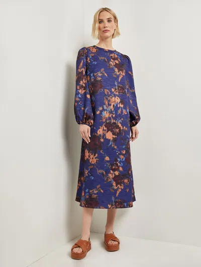 Misook Long Sleeve Woven Maxi Dress In Starry Night Blue