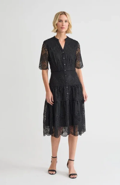 Misook A-line Tiered Laced Woven Midi Dress In Black
