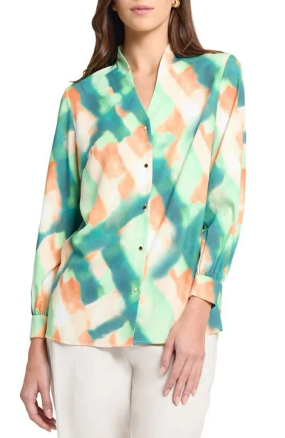 MISOOK MISOOK ABRSTRACT PRINT CRÊPE DE CHINE STAND COLLAR BUTTON-UP SHIRT