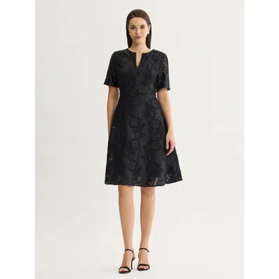 Misook A-line Floral Eyelet Crepe De Chine Dress In Black