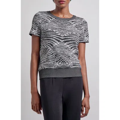 Misook Animal Print Jacquard Short Sleeve Sweater In Black/white