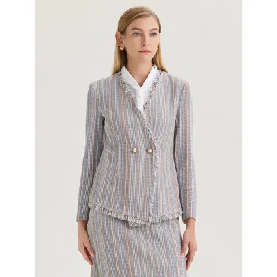 Misook Asymmetrical Fringe Trim Knit Jacket In Gray