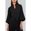 Misook Balloon Sleeve Stand Collar Button-up Shirt In Black