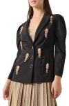 Misook Modern Fit Beaded Applique Button Front Blazer In Black/gold