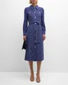 Misook Belted Button Front Tweed Knit Midi Dress In Starry Night Blue/new Ivory