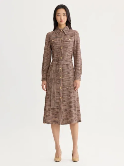 Misook Belted Button Front Tweed Knit Midi Dress In Brown