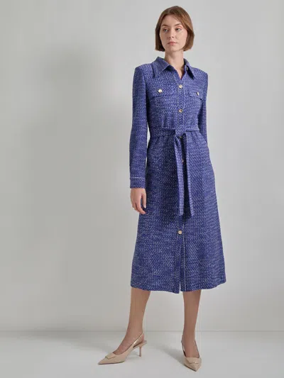 Misook Belted Button Front Tweed Knit Midi Dress In Starry Night Blue/ New Ivory