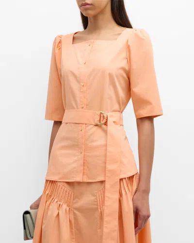 Misook Belted Square-neck Button-down Blouse In Peach Blossom