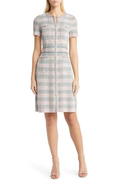 Misook Bold Plaid Knit Sheath Dress In Gray
