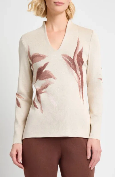 Misook Botanical Jacquard Knit Top In Neutral