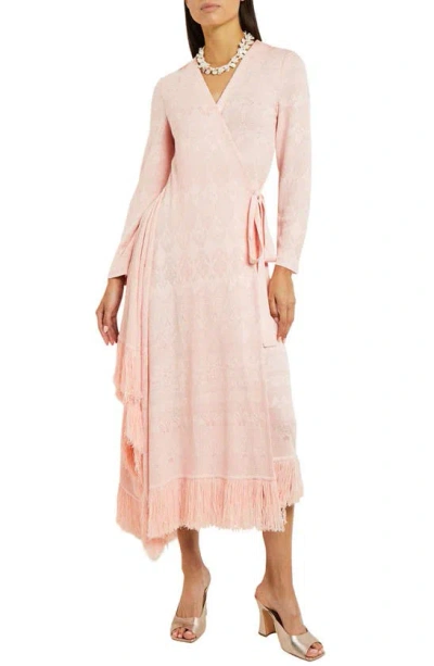 Misook Bracelet Sleeve Jacquard Midi Wrap Dress In Porcelain Pink